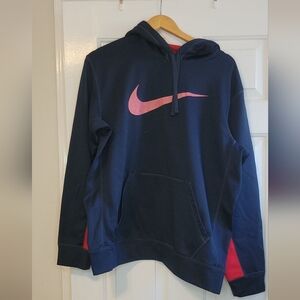 Nike Therma-Fit Hoodie - Navy Blue with Coral Swoosh - Size Large